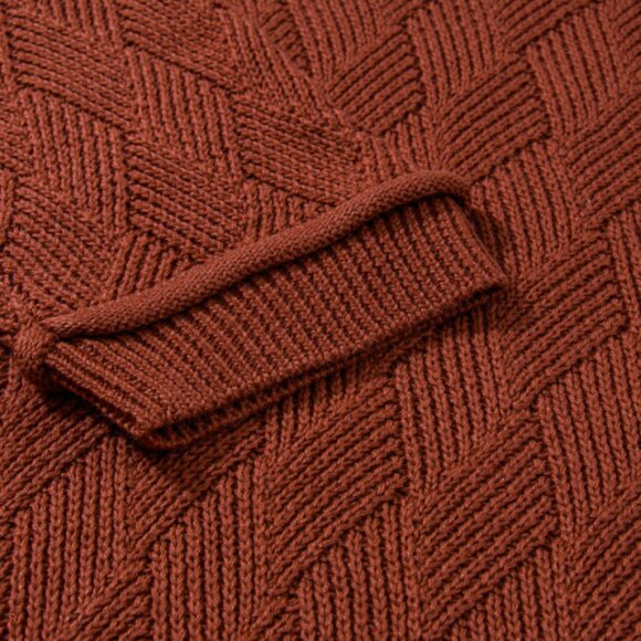 Diamond Knit Round Neck Sweater - Rust Brown Dropped Shoulder Top - Picture 6 of 12